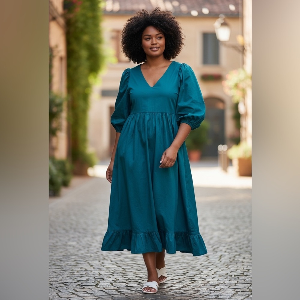 Karlie teal puff sleeve ruffle v-neck maxi dress with pockets